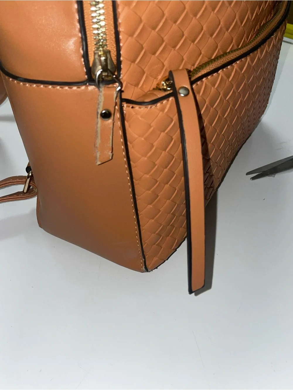 Woven Leather-Style Backpack - Brown Vegan leather